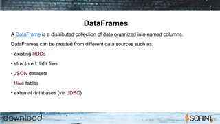 DataFrames
A DataFrame is a distributed collection of data organized into named columns.
DataFrames can be created from different data sources such as:
• existing RDDs
• structured data files
• JSON datasets
• Hive tables
• external databases (via JDBC)
 