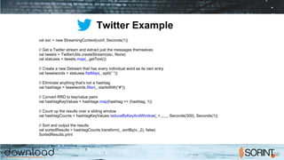 Twitter Example
val ssc = new StreamingContext(conf, Seconds(1))
// Get a Twitter stream and extract just the messages themselves
val tweets = TwitterUtils.createStream(ssc, None)
val statuses = tweets.map(_.getText())
// Create a new Dstream that has every individual word as its own entry
val tweetwords = statuses.flatMap(_.split(“ “))
// Eliminate anything that’s not a hashtag
val hashtags = tweetwords.filter(_.startsWith(“#“))
// Convert RRD to key/value pairs
val hashtagKeyValues = hashtags.map(hashtag => (hashtag, 1))
// Count up the results over a sliding window
val hashtagCounts = hashtagKeyValues.reduceByKeyAndWindow(_+_,_­_, Seconds(300), Seconds(1))
// Sort and output the results
val sortedResults = hashtagCounts.transform(_.sortBy(x._2), false)
SortedResults.print
 