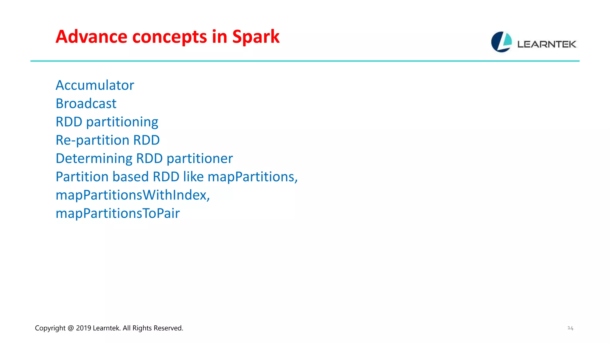 Copyright @ 2019 Learntek. All Rights Reserved. 14 Advance concepts in Spark Accumulator Broadcast RDD partitioning Re-partition RDD Determining RDD partitioner Partition based RDD like mapPartitions, mapPartitionsWithIndex, mapPartitionsToPair 