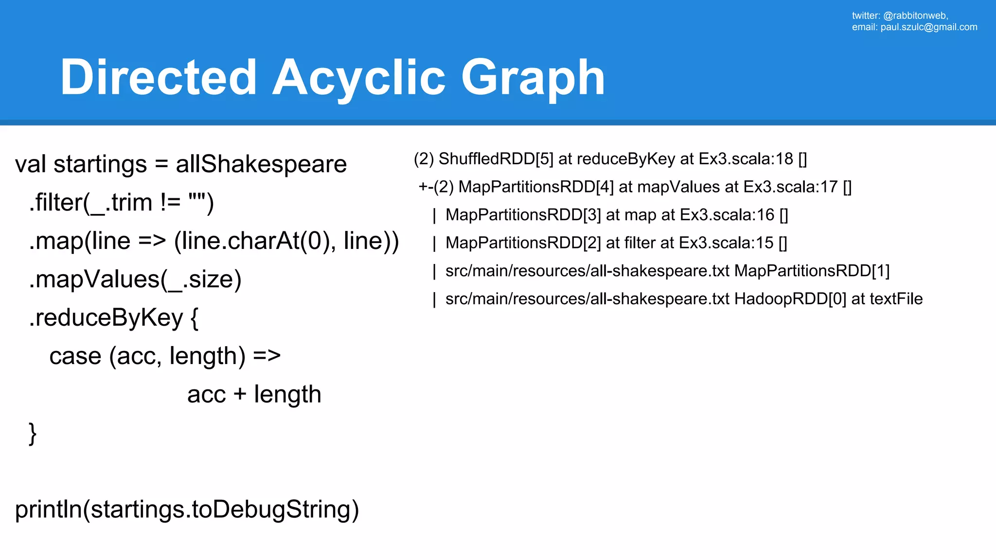 twitter: @rabbitonweb, email: paul.szulc@gmail.com Directed Acyclic Graph val startings = allShakespeare .filter(_.trim != "") .map(line => (line.charAt(0), line)) .mapValues(_.size) .reduceByKey { case (acc, length) => acc + length } println(startings.toDebugString) (2) ShuffledRDD[5] at reduceByKey at Ex3.scala:18 [] +-(2) MapPartitionsRDD[4] at mapValues at Ex3.scala:17 [] | MapPartitionsRDD[3] at map at Ex3.scala:16 [] | MapPartitionsRDD[2] at filter at Ex3.scala:15 [] | src/main/resources/all-shakespeare.txt MapPartitionsRDD[1] | src/main/resources/all-shakespeare.txt HadoopRDD[0] at textFile 