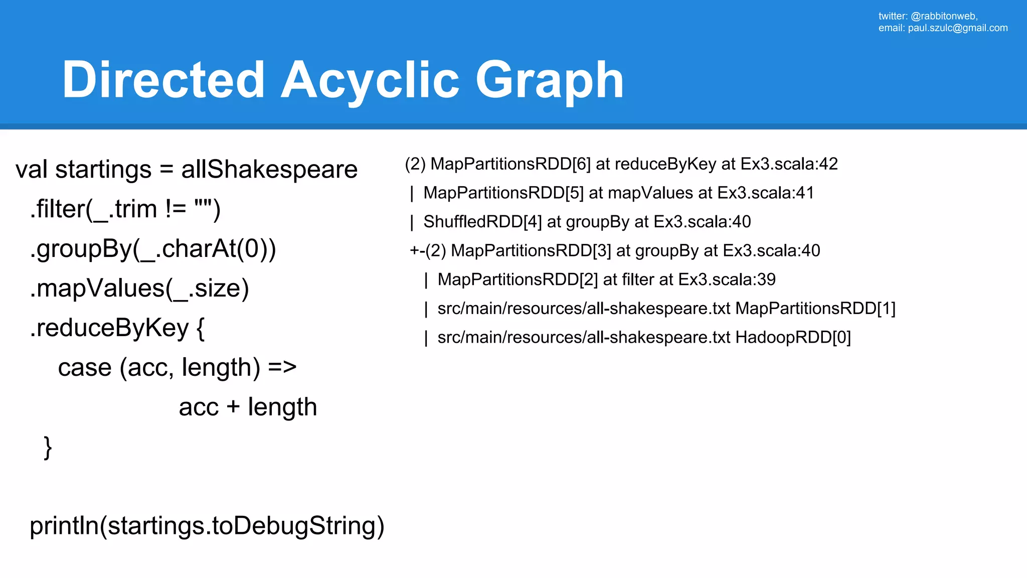 twitter: @rabbitonweb, email: paul.szulc@gmail.com Directed Acyclic Graph val startings = allShakespeare .filter(_.trim != "") .groupBy(_.charAt(0)) .mapValues(_.size) .reduceByKey { case (acc, length) => acc + length } println(startings.toDebugString) (2) MapPartitionsRDD[6] at reduceByKey at Ex3.scala:42 | MapPartitionsRDD[5] at mapValues at Ex3.scala:41 | ShuffledRDD[4] at groupBy at Ex3.scala:40 +-(2) MapPartitionsRDD[3] at groupBy at Ex3.scala:40 | MapPartitionsRDD[2] at filter at Ex3.scala:39 | src/main/resources/all-shakespeare.txt MapPartitionsRDD[1] | src/main/resources/all-shakespeare.txt HadoopRDD[0] 