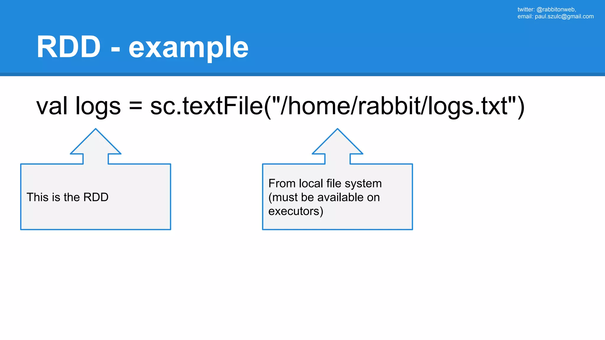 twitter: @rabbitonweb, email: paul.szulc@gmail.com RDD - example val logs = sc.textFile("/home/rabbit/logs.txt") From local file system (must be available on executors) This is the RDD 