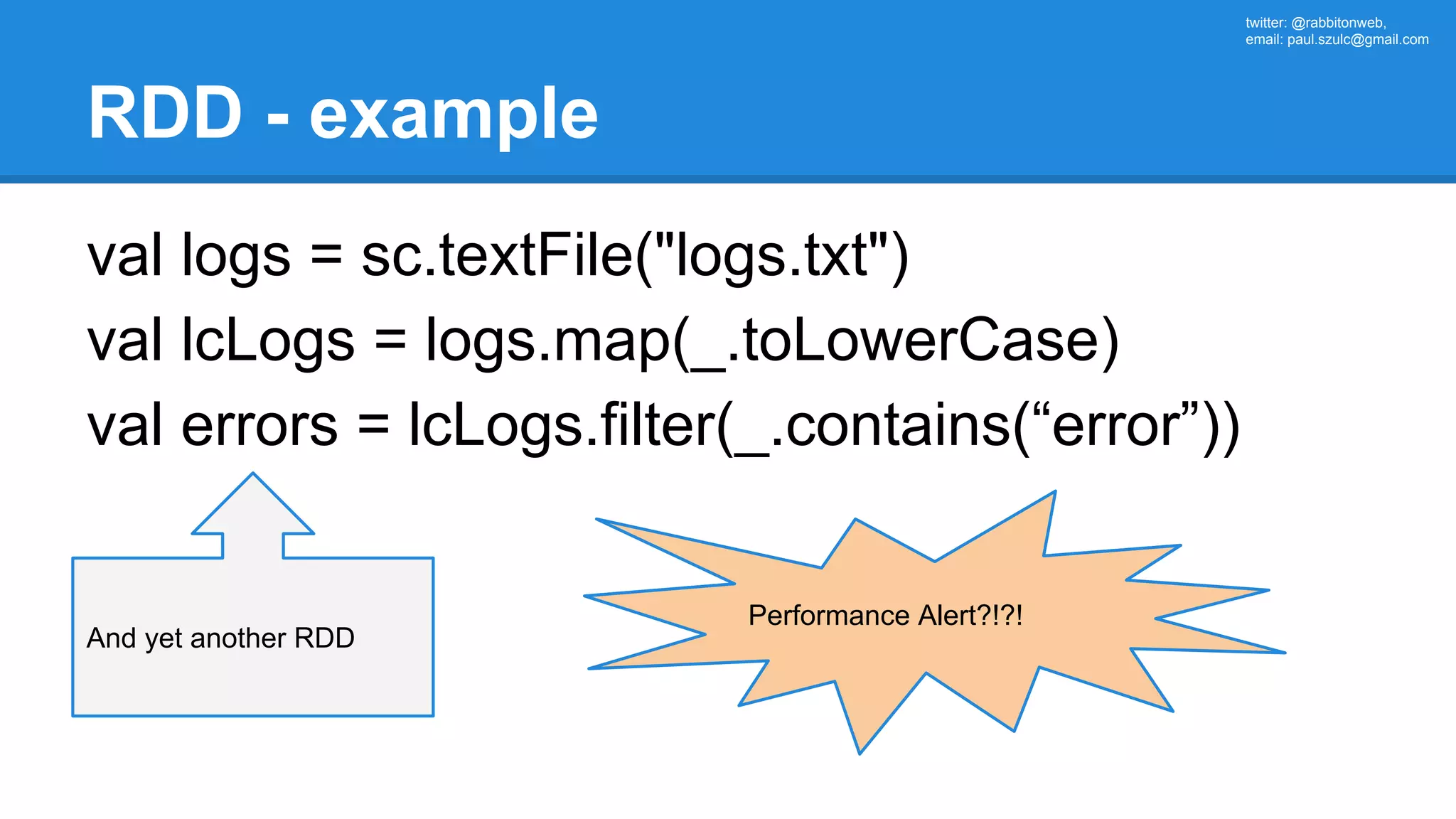 twitter: @rabbitonweb, email: paul.szulc@gmail.com RDD - example val logs = sc.textFile("logs.txt") val lcLogs = logs.map(_.toLowerCase) val errors = lcLogs.filter(_.contains(“error”)) And yet another RDD Performance Alert?!?! 