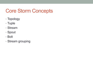Core Storm Concepts
•  Topology
•  Tuple
•  Stream
•  Spout
•  Bolt
•  Stream grouping
 