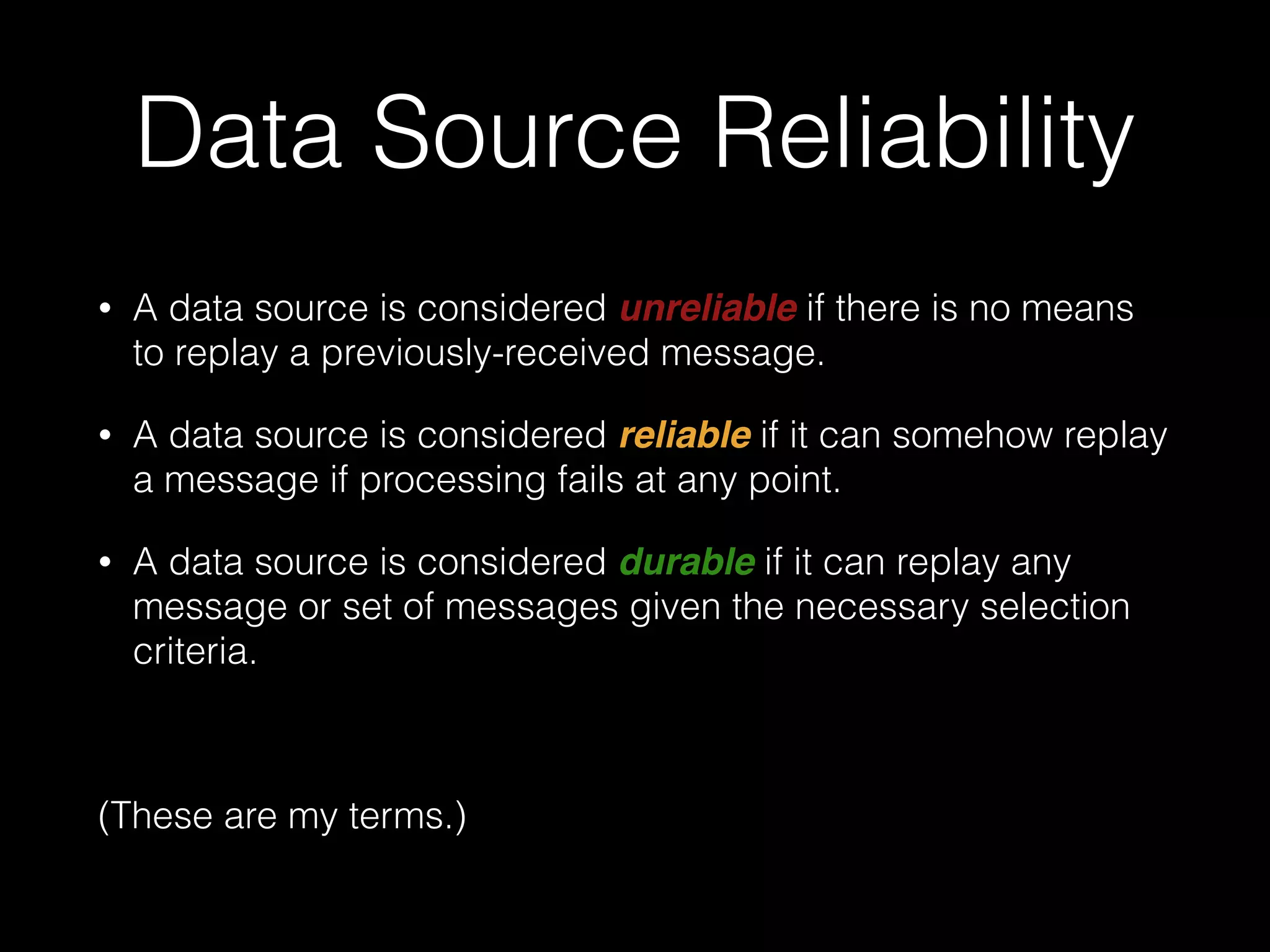 Worker Failure:
Spark Streaming
https://databricks.com/blog/2015/01/15/improved-driver-fault-tolerance-and-
zero-data-loss-in-spark-streaming.html
Solution?: Write Ahead Logs (SPARK-3129)
• Enabling WAL requires DFS (HDFS, S3) — no such
requirement with Storm
• Incurs a performance penalty that adds to overall latency
• Full fault tolerance still requires a data source that can
replay data (e.g. Kafka)!
• Architectural band aid?
 