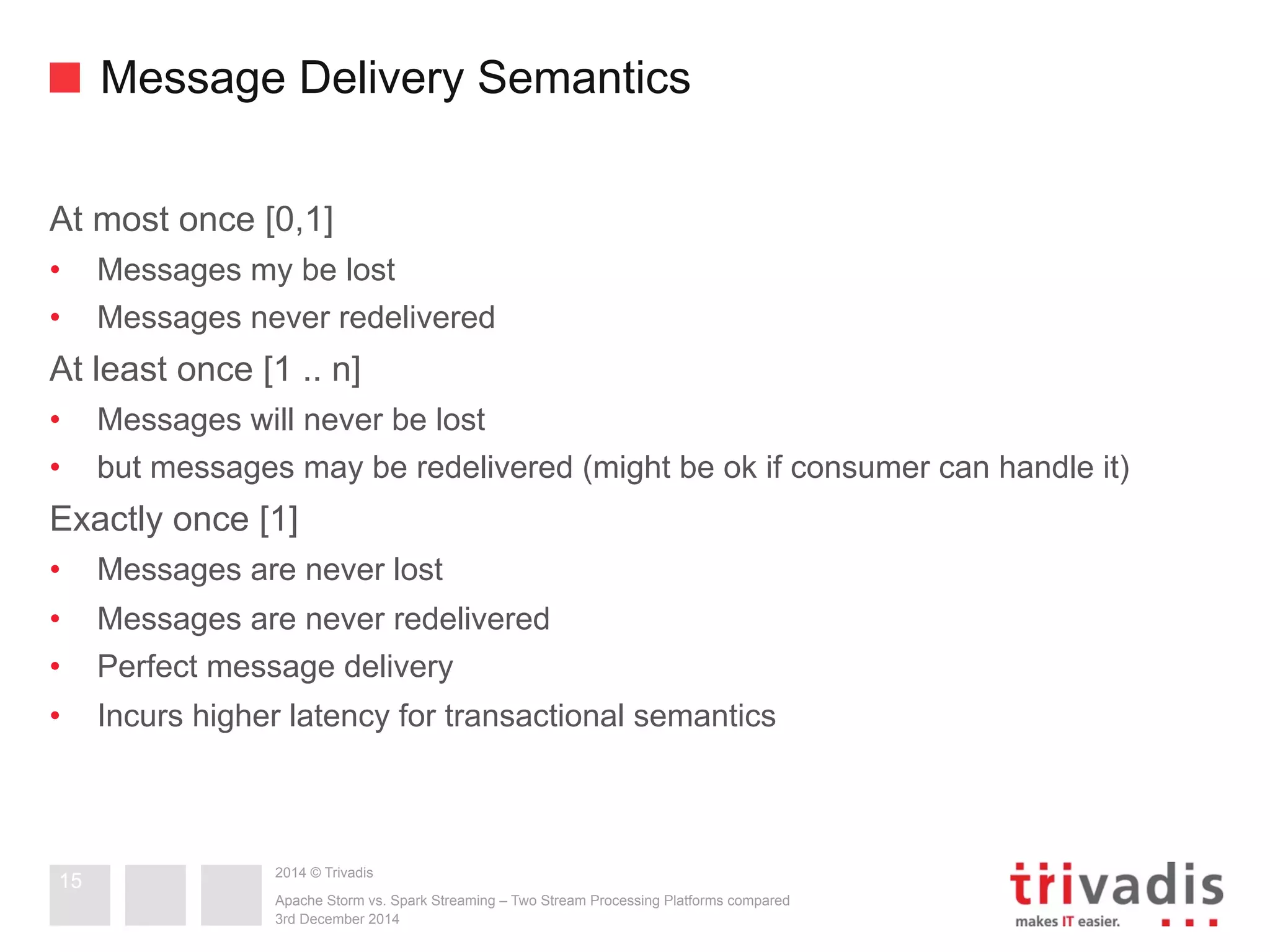 Message Delivery Semantics 
At most once [0,1] 
• Messages my be lost 
• Messages never redelivered 
At least once [1 .. n] 
• Messages will never be lost 
• but messages may be redelivered (might be ok if consumer can handle it) 
Exactly once [1] 
• Messages are never lost 
• Messages are never redelivered 
• Perfect message delivery 
• Incurs higher latency for transactional semantics 
2014 © Trivadis 
Apache Storm vs. Spark Streaming – Two Stream Processing Platforms compared 
3rd December 2014 
15 
 