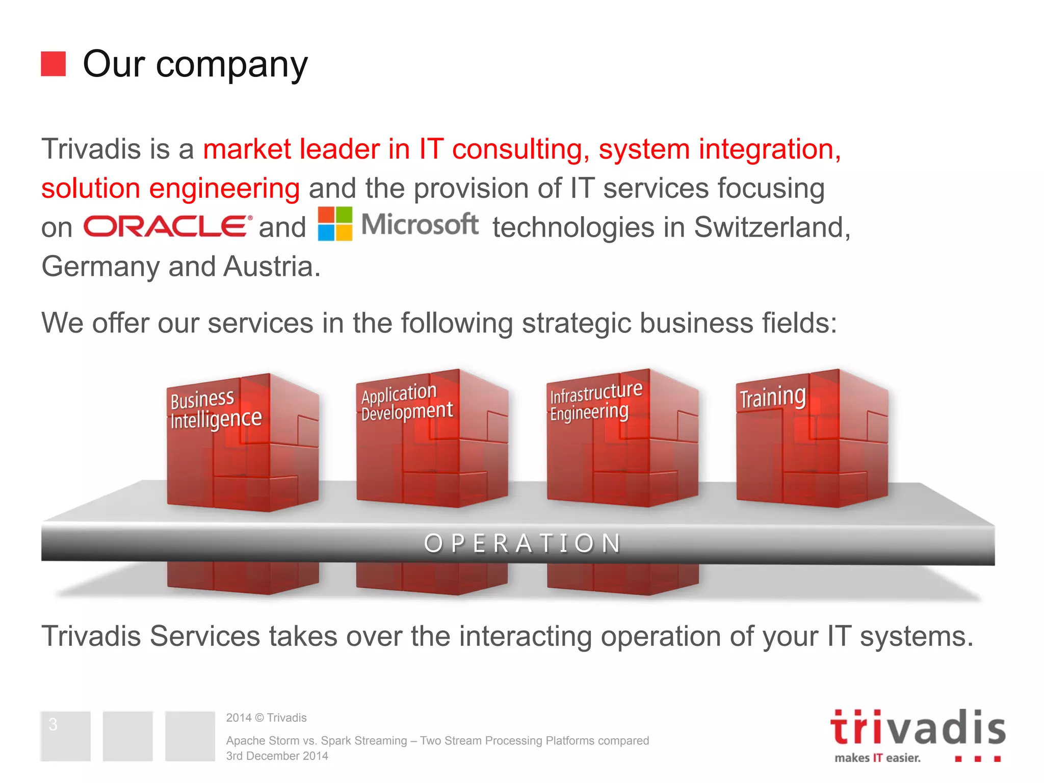 Our company 
Trivadis is a market leader in IT consulting, system integration, 
solution engineering and the provision of IT services focusing 
on and technologies in Switzerland, 
Germany and Austria. 
We offer our services in the following strategic business fields: 
Trivadis Services takes over the interacting operation of your IT systems. 
2014 © Trivadis 
O P E R A T I O N 
Apache Storm vs. Spark Streaming – Two Stream Processing Platforms compared 
3rd December 2014 
3 
 