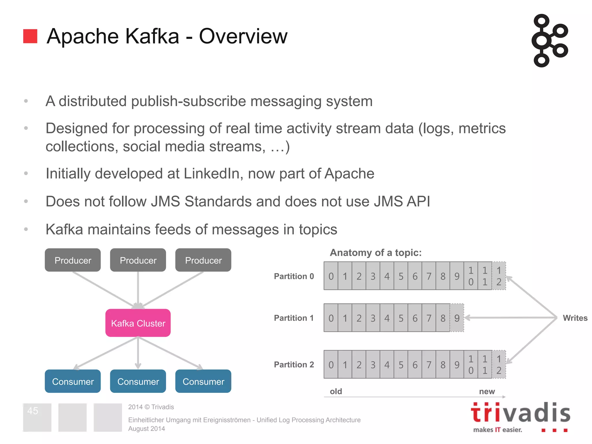 Apache Kafka - Overview 
• A distributed publish-subscribe messaging system 
• Designed for processing of real time activity stream data (logs, metrics 
collections, social media streams, …) 
• Initially developed at LinkedIn, now part of Apache 
• Does not follow JMS Standards and does not use JMS API 
• Kafka maintains feeds of messages in topics 
Producer Producer Producer 
2014 © Trivadis 
Einheitlicher Umgang mit Ereignisströmen - Unified Log Processing Architecture 
August 2014 
45 
Kafka Cluster 
Consumer Consumer Consumer 
0 1 2 3 4 5 6 7 8 9 1 
0 
1 
1 
1 
2 
0 1 2 3 4 5 6 7 8 9 
0 1 2 3 4 5 6 7 8 9 1 
0 
1 
1 
1 
2 
Anatomy of a topic: 
Partition 0 
Partition 1 
Partition 2 
Writes 
old new 
 
