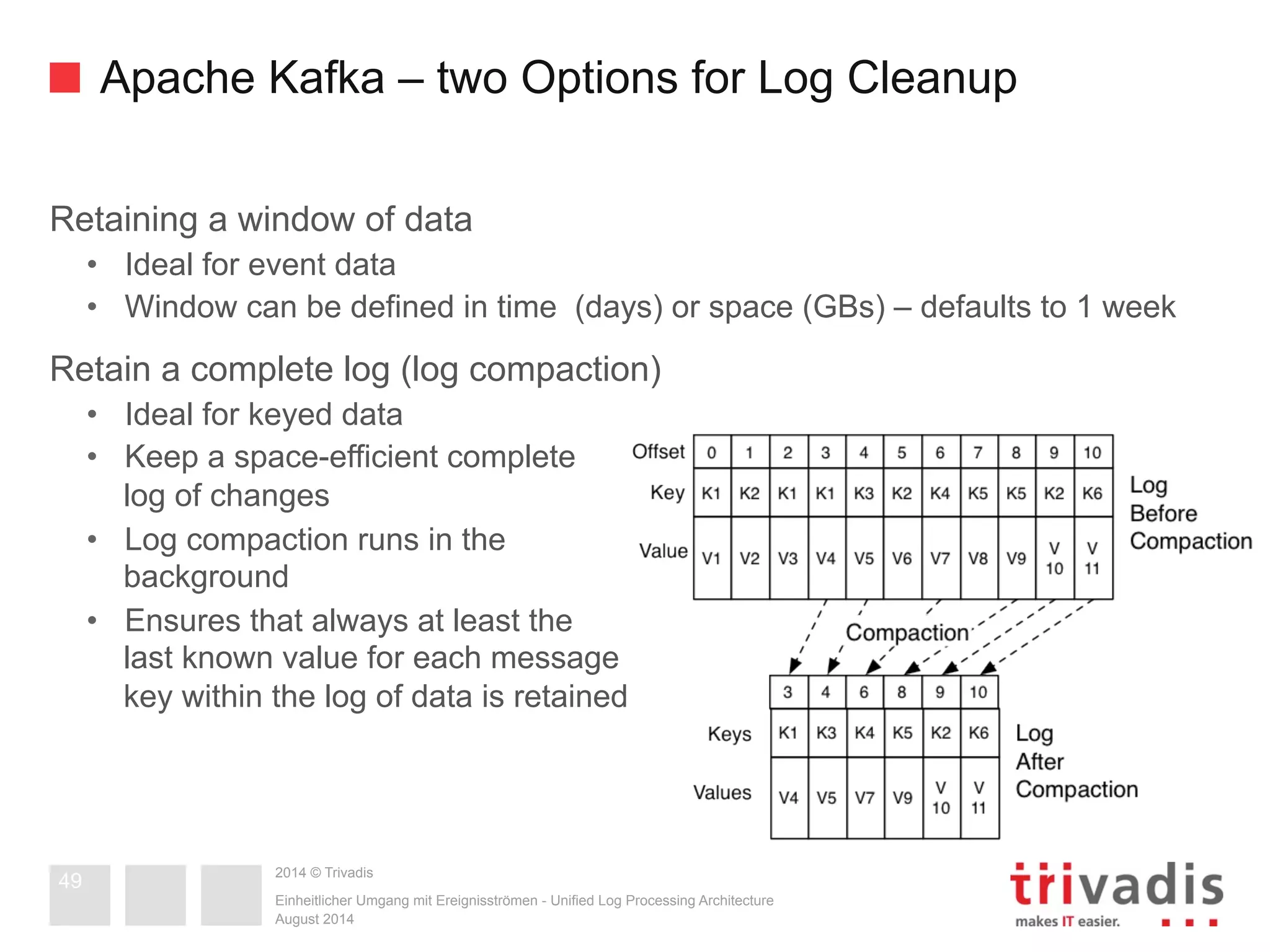 Apache Kafka – two Options for Log Cleanup 
Retaining a window of data 
• Ideal for event data 
• Window can be defined in time (days) or space (GBs) – defaults to 1 week 
Retain a complete log (log compaction) 
• Ideal for keyed data 
• Keep a space-efficient complete 
2014 © Trivadis 
Einheitlicher Umgang mit Ereignisströmen - Unified Log Processing Architecture 
August 2014 
49 
log of changes 
• Log compaction runs in the 
background 
• Ensures that always at least the 
last known value for each message 
key within the log of data is retained 
 