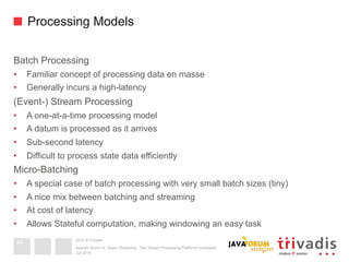 2015 © Trivadis
Processing Models
Batch Processing
•  Familiar concept of processing data en masse
•  Generally incurs a high-latency
(Event-) Stream Processing
•  A one-at-a-time processing model
•  A datum is processed as it arrives
•  Sub-second latency
•  Difficult to process state data efficiently
Micro-Batching
•  A special case of batch processing with very small batch sizes (tiny)
•  A nice mix between batching and streaming
•  At cost of latency
•  Allows Stateful computation, making windowing an easy task
Juli 2015
Apache Storm vs. Spark Streaming - Two Stream Processing Platforms compared
14
 