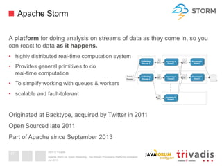 2015 © Trivadis
Apache Storm
A platform for doing analysis on streams of data as they come in, so you
can react to data as it happens.
•  highly distributed real-time computation system
•  Provides general primitives to do
real-time computation
•  To simplify working with queues & workers
•  scalable and fault-tolerant
Originated at Backtype, acquired by Twitter in 2011
Open Sourced late 2011
Part of Apache since September 2013
Juli 2015
Apache Storm vs. Spark Streaming - Two Stream Processing Platforms compared
17
 