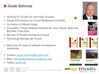 2015 © Trivadis
Guido Schmutz
§  Working for Trivadis for more than 18 years
§  Oracle ACE Director for Fusion Middleware and SOA
§  Co-Author of different books
§  Consultant, Trainer Software Architect for Java, Oracle, SOA and
Big Data / Fast Data
§  Member of Trivadis Architecture Board
§  Technology Manager @ Trivadis
§  More than 25 years of software development
experience
§  Contact: guido.schmutz@trivadis.com
§  Blog: http://guidoschmutz.wordpress.com
§  Twitter: gschmutz
Juli 2015
Apache Storm vs. Spark Streaming - Two Stream Processing Platforms compared
2
 