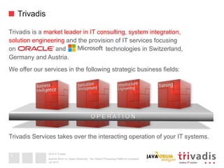 2015 © Trivadis
Trivadis is a market leader in IT consulting, system integration,
solution engineering and the provision of IT services focusing
on and technologies in Switzerland,
Germany and Austria.
We offer our services in the following strategic business fields:
Trivadis Services takes over the interacting operation of your IT systems.
Trivadis
O P E R A T I O N
Juli 2015
Apache Storm vs. Spark Streaming - Two Stream Processing Platforms compared
3
 