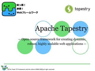 Apache Tapestry
-- Open-source framework for creating dynamic,
      robust, highly scalable web applications --
 