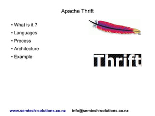 Apache Thrift
●

What is it ?

●

Languages

●

Process

●

Architecture

●

Example

www.semtech-solutions.co.nz

info@semtech-solutions.co.nz

 