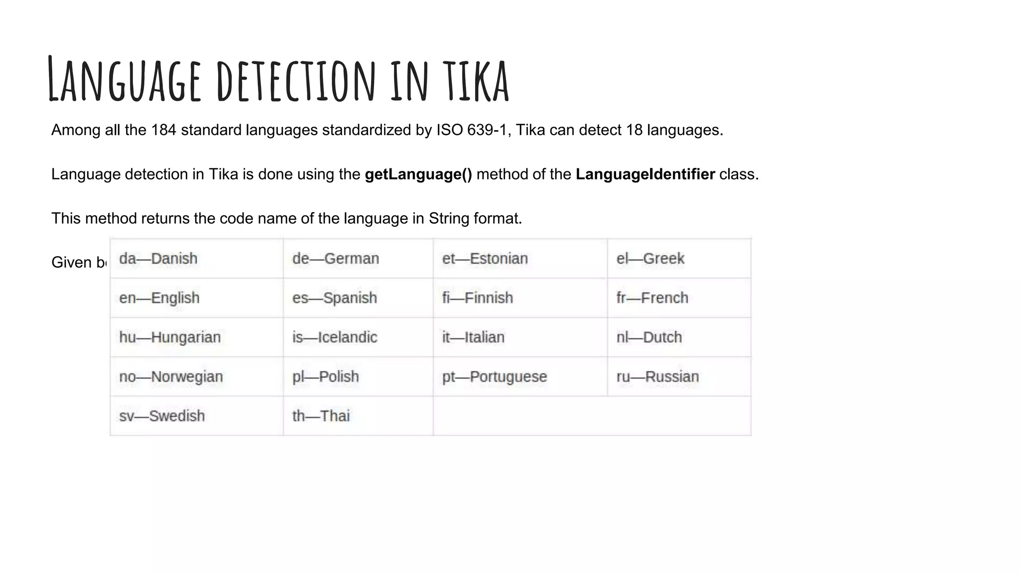 Language detection in tika
Among all the 184 standard languages standardized by ISO 639-1, Tika can detect 18 languages.
Language detection in Tika is done using the getLanguage() method of the LanguageIdentifier class.
This method returns the code name of the language in String format.
Given below is the list of the 18 language-code pairs detected by Tika:
 