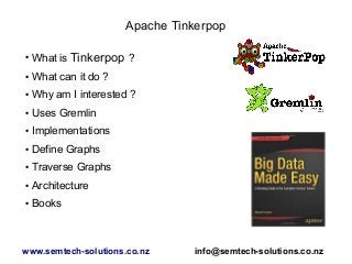 Apache Tinkerpop
●
What is Tinkerpop ?
● What can it do ?
● Why am I interested ?
● Uses Gremlin
● Implementations
● Define Graphs
● Traverse Graphs
● Architecture
● Books
www.semtech-solutions.co.nz info@semtech-solutions.co.nz
 