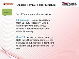 Set of Tomcat apps, plus two extras: Ejb-examples  – sample application from OpenEJB repository. Simple example showing a few JavaEE features – not very functional, but useful for testing. OpenEJB  – where the magic happens. Note extra lib directory, some jars can be swapped out. Provides a dashboard to test the setup and examine the JNDI tree. A peek Apache TomEE: Folder Structure 