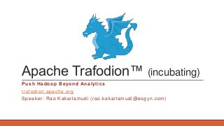 Apache Trafodion™ (incubating)
Push Hadoop Beyond Analytics
trafodion.apache.org
Speaker: Rao Kakarlamudi (rao.kakarlamudi@esgyn.com)
 