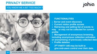 APACHE UNOMI IN-DEPTH I 2nd October 201529
PRIVACY SERVICE
YOU KNOW ME A BIT TOO MUCH ?
FUNCTIONALITIES
⎯ Server andeventdiscovery
⎯ Currentvisitor profile access
⎯ Retrieving and setting list of eventsto may
or may not be collectedfor currentprofile
⎯ Management of anonymous browsing,
including anonymous collection activation or
anonymizing ofpreviously collecteddata
⎯ Profile deletion
3RD PARTY UIS may be built to
give end-userscontrol over their data.
 