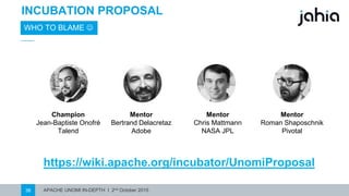 APACHE UNOMI IN-DEPTH I 2nd October 201538
INCUBATION PROPOSAL
WHO TO BLAME J
https://wiki.apache.org/incubator/UnomiProposal
Champion
Jean-Baptiste Onofré
Talend
Mentor
Bertrand Delacretaz
Adobe
Mentor
Roman Shaposchnik
Pivotal
Mentor
ChrisMattmann
NASA JPL
 
