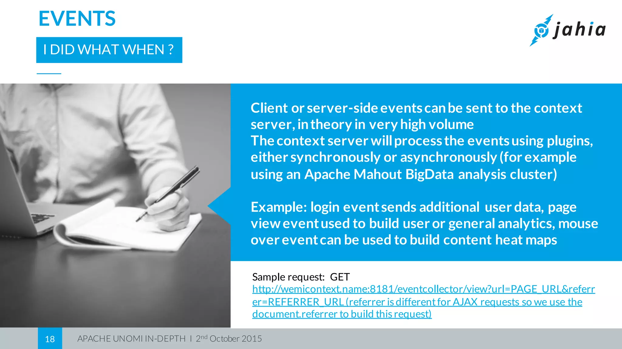 APACHE UNOMI IN-DEPTH I 2nd October 201518
EVENTS
I DID WHAT WHEN ?
Client or server-side eventscanbe sent to the context
server,intheory in very high volume
The context server willprocessthe eventsusing plugins,
either synchronously or asynchronously (for example
using an Apache Mahout BigData analysis cluster)
Example: login eventsends additional user data, page
vieweventused to build user or general analytics, mouse
over eventcan be used to build content heat maps
Sample request: GET
http://wemicontext.name:8181/eventcollector/view?url=PAGE_URL&referr
er=REFERRER_URL (referrer isdifferentfor AJAX requests so we use the
document.referrer to build thisrequest)
 