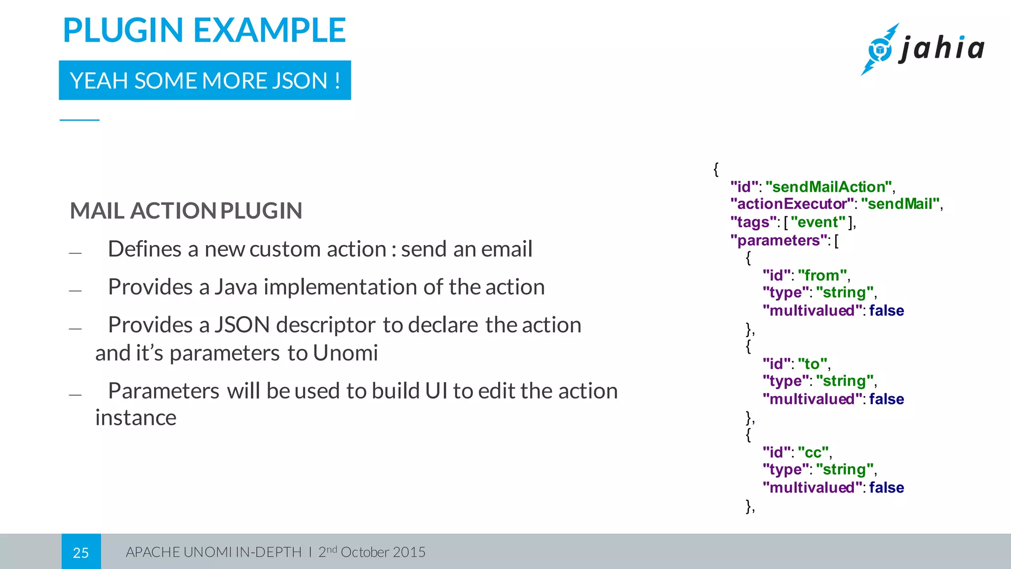 APACHE UNOMI IN-DEPTH I 2nd October 201525
PLUGIN EXAMPLE
YEAH SOME MORE JSON !
MAIL ACTIONPLUGIN
⎯ Defines a new custom action : send an email
⎯ Provides a Java implementation of the action
⎯ Provides a JSON descriptor to declare the action
and it’s parameters to Unomi
⎯ Parameters will be used to build UI to edit the action
instance
{
"id":  "sendMailAction",
"actionExecutor":  "sendMail",
"tags":  [  "event"  ],
"parameters":  [
{
"id":  "from",
"type":  "string",
"multivalued":  false
},
{
"id":  "to",
"type":  "string",
"multivalued":  false
},
{
"id":  "cc",
"type":  "string",
"multivalued":  false
},
 