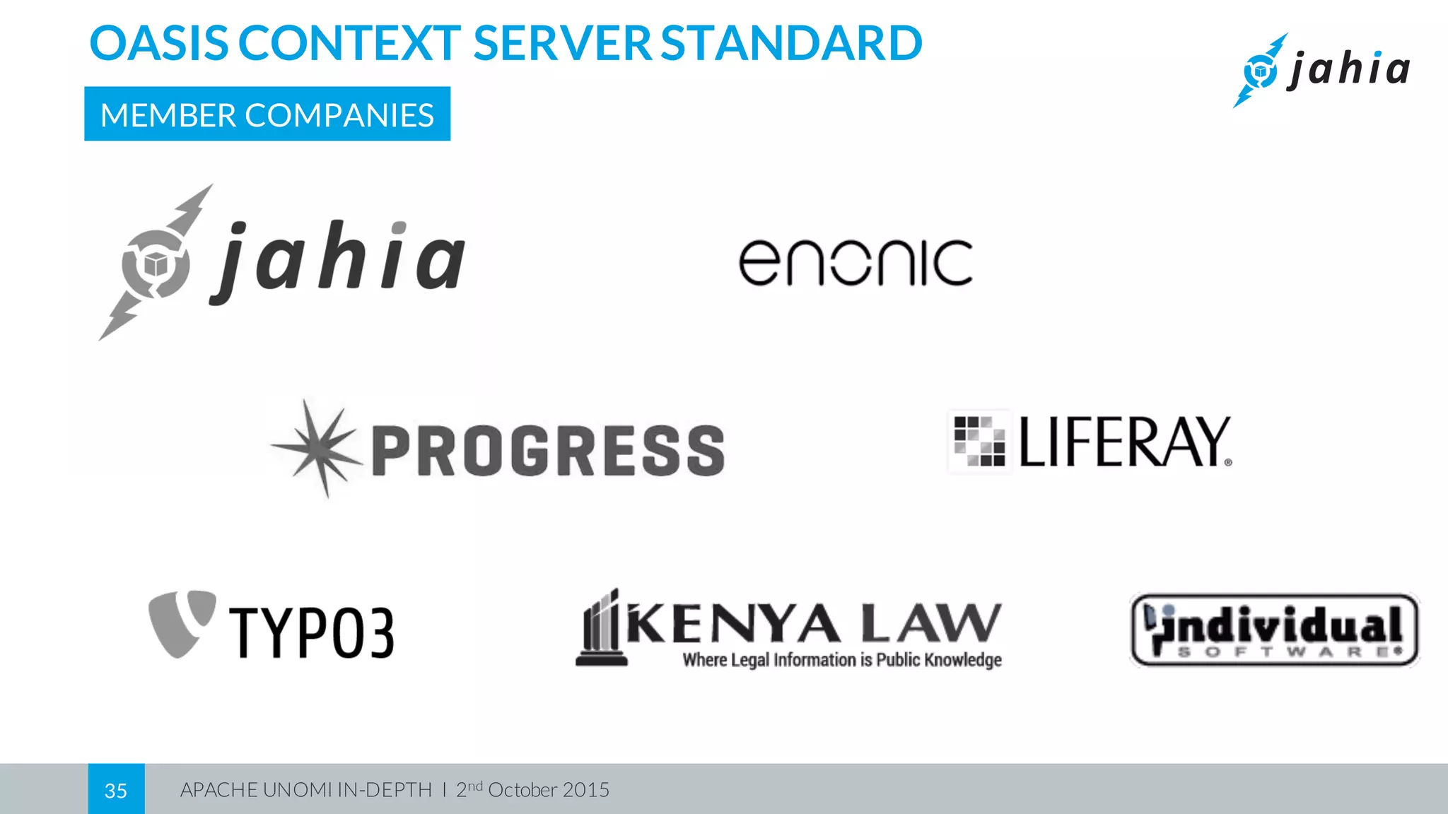 APACHE UNOMI IN-DEPTH I 2nd October 201535
OASIS CONTEXT SERVERSTANDARD
MEMBER COMPANIES
 