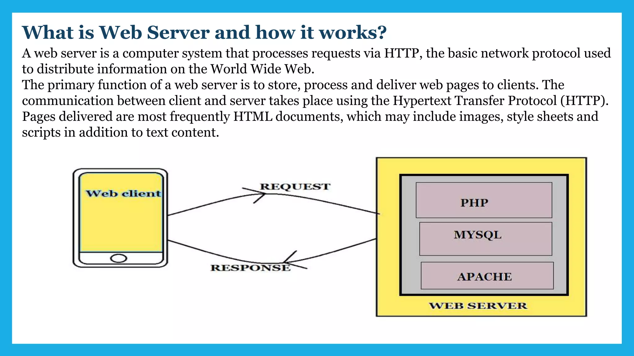 A web server is a computer system that processes requests via HTTP, the basic network protocol used
to distribute information on the World Wide Web.
The primary function of a web server is to store, process and deliver web pages to clients. The
communication between client and server takes place using the Hypertext Transfer Protocol (HTTP).
Pages delivered are most frequently HTML documents, which may include images, style sheets and
scripts in addition to text content.
What is Web Server and how it works?
 