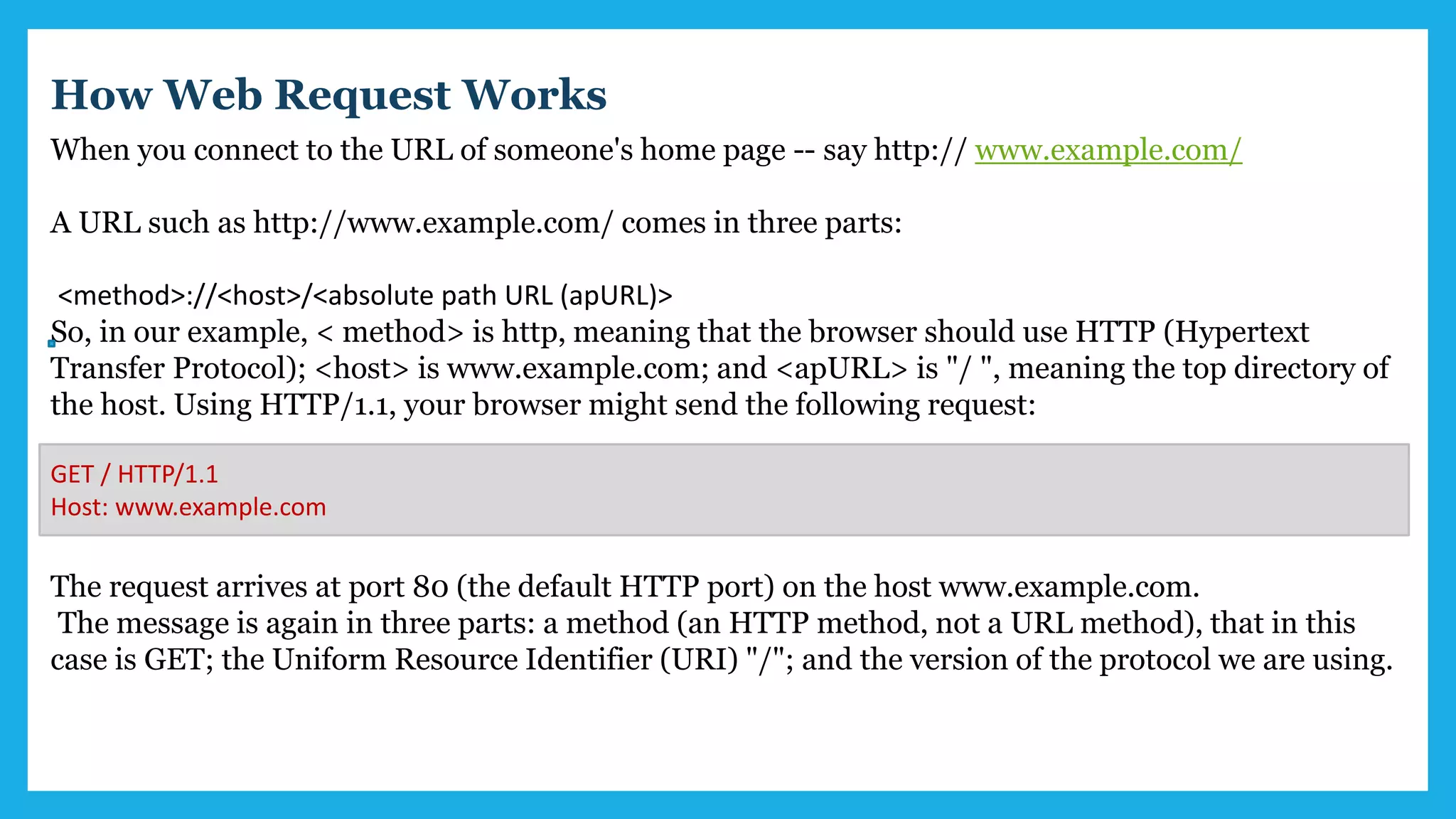 When you connect to the URL of someone's home page -- say http:// www.example.com/
A URL such as http://www.example.com/ comes in three parts:
<method>://<host>/<absolute path URL (apURL)>
So, in our example, < method> is http, meaning that the browser should use HTTP (Hypertext
Transfer Protocol); <host> is www.example.com; and <apURL> is "/ ", meaning the top directory of
the host. Using HTTP/1.1, your browser might send the following request:
The request arrives at port 80 (the default HTTP port) on the host www.example.com.
The message is again in three parts: a method (an HTTP method, not a URL method), that in this
case is GET; the Uniform Resource Identifier (URI) "/"; and the version of the protocol we are using.
GET / HTTP/1.1
Host: www.example.com
How Web Request Works
 