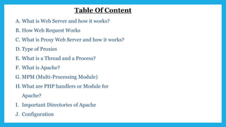 Table Of Content
A. What is Web Server and how it works?
B. How Web Request Works
C. What is Proxy Web Server and how it works?
D. Type of Proxies
E. What is a Thread and a Process?
F. What is Apache?
G. MPM (Multi-Processing Module)
H.What are PHP handlers or Module for
Apache?
I. Important Directories of Apache
J. Configuration
 