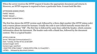 When the server receives the HTTP request it locates the appropriate document and returns it.
However, an HTTP response is required to have a particular form. It must look like this:
HTTP/[VER] [CODE] [TEXT]
Field1: Value1
Field2: Value2 ...
Document content here...
The first line shows the HTTP version used, followed by a three-digit number (the HTTP status code)
and a reason phrase meant for humans. Usually the code is 200 (which basically means that all is
well) and the phrase "OK". The first line is followed by some lines called the header, which contains
information about the document. The header ends with a blank line, followed by the document
content. This is a typical header:
HTTP/1.0 200 OK
Server: Netscape-Communications/1.1
Date: Tuesday, 25-Nov-97 01:22:04 GMT
Content-length: 6372
Content-type: text/html
<!DOCTYPE HTML PUBLIC "-//W3C//DTD HTML 3.2 Final//EN">
<HTML> ...followed by document content...
 