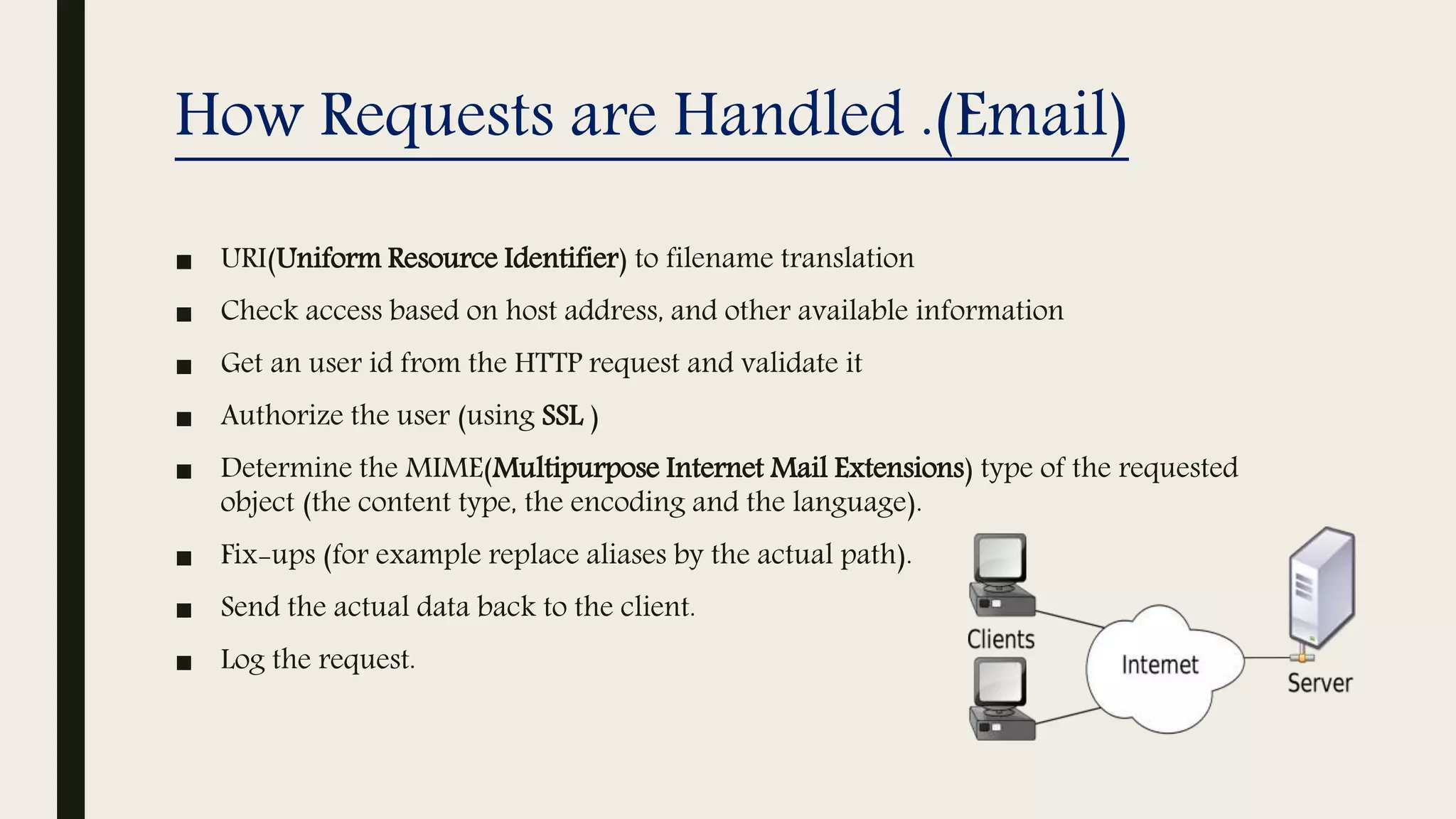 How Requests are Handled .(Email)
■ URI(Uniform Resource Identifier) to filename translation
■ Check access based on host address, and other available information
■ Get an user id from the HTTP request and validate it
■ Authorize the user (using SSL )
■ Determine the MIME(Multipurpose Internet Mail Extensions) type of the requested
object (the content type, the encoding and the language).
■ Fix-ups (for example replace aliases by the actual path).
■ Send the actual data back to the client.
■ Log the request.
 