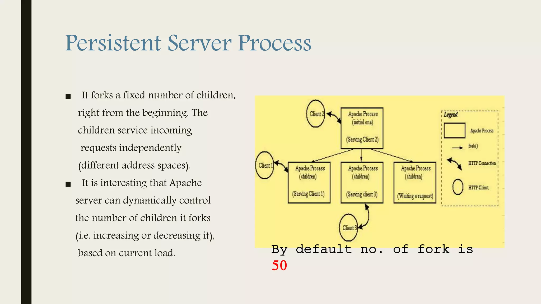 Persistent Server Process
■ It forks a fixed number of children,
right from the beginning. The
children service incoming
requests independently
(different address spaces).
■ It is interesting that Apache
server can dynamically control
the number of children it forks
(i.e. increasing or decreasing it),
based on current load. By default no. of fork is
50
 