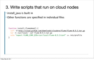 3. Write scripts that run on cloud nodes
         ▪   install_java is built in
         ▪   Other functions are speciﬁed in individual ﬁles



               function install_flumedemo() {
                 curl -O http://cloud.github.com/downloads/cloudera/flume/flume-0.9.3.tar.gz
                 tar -C /usr/local/ -zxf flume-0.9.3.tar.gz
                 echo "export FLUME_CONF_DIR=/usr/local/flume-0.9.3/conf" >> /etc/profile
               }




Friday, May 20, 2011
 