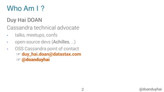 @doanduyhai
Who Am I ?
Duy Hai DOAN
Cassandra technical advocate
•  talks, meetups, confs
•  open-source devs (Achilles, …)
•  OSS Cassandra point of contact
☞ duy_hai.doan@datastax.com
☞ @doanduyhai
2
 