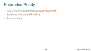 @doanduyhai
Enterprise Ready
•  Apache Shiro authentication (ZEPPELIN-548)
•  Note authorization (PR #681)
•  Multi-tenancy
34
 