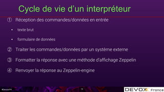 #DevoxxFR
Cycle de vie d’un interpréteur
  Réception des commandes/données en entrée
•  texte brut
•  formulaire de données
  Traiter les commandes/données par un système externe
  Formatter la réponse avec une méthode d’afﬁchage Zeppelin
  Renvoyer la réponse au Zeppelin-engine
13
 