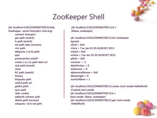 15
ZooKeeper Shell
[zk: localhost:2181(CONNECTED) 0] help [zk: localhost:2181(CONNECTED) 1] ls /
ZooKeeper -server host:port cmd args [hbase, zookeeper]
connect host:port
get path [watch] [zk: localhost:2181(CONNECTED) 2] ls2 /zookeeper
ls path [watch] [quota]
set path data [version] cZxid = 0x0
rmr path ctime = Tue Jan 01 05:30:00 IST 2013
delquota [-n|-b] path mZxid = 0x0
quit mtime = Tue Jan 01 05:30:00 IST 2013
printwatches on|off pZxid = 0x0
create [-s] [-e] path data acl cversion = -1
stat path [watch] dataVersion = 0
close aclVersion = 0
ls2 path [watch] ephemeralOwner = 0x0
history dataLength = 0
listquota path numChildren = 1
setAcl path acl
getAcl path [zk: localhost:2181(CONNECTED) 3] create /test-znode HelloWorld
sync path Created /test-znode
redo cmdno [zk: localhost:2181(CONNECTED) 4] ls /
addauth scheme auth [test-znode, hbase, zookeeper]
delete path [version] [zk: localhost:2181(CONNECTED) 5] get /test-znode
setquota -n|-b val path HelloWorld
 