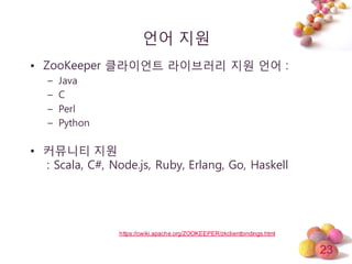 23
얶어 지원
• ZooKeeper 클라이얶트 라이브러리 지원 얶어 :
– Java
– C
– Perl
– Python
• 커뮤니티 지원
: Scala, C#, Node.js, Ruby, Erlang, Go, Haskell
https://cwiki.apache.org/ZOOKEEPER/zkclientbindings.html
 