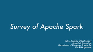 Survey of Apache Spark
Tokyo Institute of Technology  
School of Computing
Department of Computer Science B4
Hiroki Naganuma
 