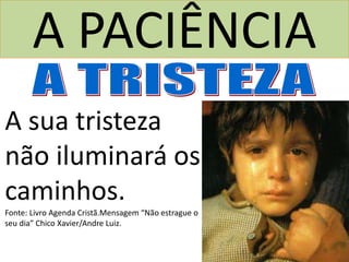 A PACIÊNCIA
A sua tristeza
não iluminará os
caminhos.
Fonte: Livro Agenda Cristã.Mensagem “Não estrague o
seu dia” Chico Xavier/Andre Luiz.
 