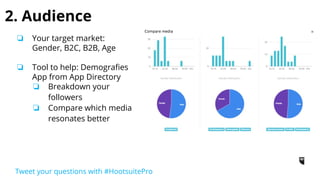 Audience Example
CBRE - Real Estate
❏ Established as an expert by
providing a fun factoid about
the building or city
❏ Promote its own property and
others to avoid being pushy
Tweet your questions with #HootsuitePro
 