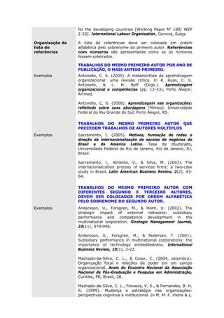 for the developing countries [Working Paper No
189/ WEP
2-22]. International Labour Organisation, Geneva, Suíça.
Organização da
lista de
referências
A lista de referências deve ser colocada em ordem
alfabética pelo sobrenome do primeiro autor. Referências
com números são apresentadas como se os números
fossem soletrados.
TRABALHOS DO MESMO PRIMEIRO AUTOR POR ANO DE
PUBLICAÇÃO, O MAIS ANTIGO PRIMEIRO.
Exemplos Antonello, C. S. (2005). A metamorfose da aprendizagem
organizacional: uma revisão crítica. In R. Ruas, C. S.
Antonello, & L. H. Boff (Orgs.). Aprendizagem
organizacional e competências (pp. 12-33). Porto Alegre:
Artmed.
Antonello, C. S. (2008). Aprendizagem nas organizações:
refletindo sobre suas abordagens [Mimeo]. Universidade
Federal do Rio Grande do Sul, Porto Alegre, RS.
TRABALHOS DO MESMO PRIMEIRO AUTOR QUE
PRECEDEM TRABALHOS DE AUTORES MÚLTIPLOS
Exemplos Sacramento, I. (2005). Motivos, formação de redes e
direção da internacionalização de escolas de negócios do
Brasil e da América Latina. Tese de doutorado,
Universidade Federal do Rio de Janeiro, Rio de Janeiro, RJ,
Brasil.
Sacramento, I., Almeida, V., & Silva, M. (2002). The
internationalization process of services firms: a two-case
study in Brazil. Latin American Business Review, 2(2), 43-
64.
TRABALHOS DO MESMO PRIMEIRO AUTOR COM
DIFERENTES SEGUNDO E TERCEIRO AUTORES,
DEVEM SER COLOCADOS POR ORDEM ALFABÉTICA
PELO SOBRENOME DO SEGUNDO AUTOR.
Exemplos Andersson, U., Forsgren, M., & Holm, U. (2002). The
strategic impact of external networks: subsidiary
performance and competence development in the
multinational corporation. Strategic Management Journal,
23(11), 979-996.
Andersson, U., Forsgren, M., & Pedersen, T. (2001).
Subsidiary performance in multinational corporations: the
importance of technology embeddedness. International
Business Review, 10(1), 3-23.
Machado-da-Silva, C. L., & Coser, C. (2004, setembro).
Organização focal e relações de poder em um campo
organizacional. Anais do Encontro Nacional da Associação
Nacional de Pós-Graduação e Pesquisa em Administração,
Curitiba, PR, Brasil, 28.
Machado-da-Silva, C. L., Fonseca, V. S., & Fernandes, B. H.
R. (1999). Mudança e estratégia nas organizações:
perspectivas cognitiva e institucional. In M. M. F. Vieira & L.
 