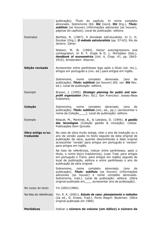 publicação). Título do capítulo. In nome completo
abreviado. Sobrenome (Ed. OU Coord. OU Org.). Título:
subtítulo (se houver) (informações adicionais (se houver),
páginas do capítulo). Local de publicação: editora.
Exemplos Barthes, R. (1967). A atividade estruturalista. In C. H.
Escobar (Org.). O método estruturalista (pp. 57-63). Rio de
Janeiro: Zahar.
Watson, M. W. (1994). Vector autoregressions and
cointegration. In R. F. Engle & D. L. McFadden (Eds.).
Handbook of econometrics (Vol. 4, Chap. 47, pp. 2843-
2915). Amsterdam: Elsevier.
Edição revisada Acrescentar entre parênteses logo após o título (ed. rev.),
artigos em português e (rev. ed.) para artigos em inglês.
Sobrenome, nome completo abreviado. (ano de
publicação). Título: subtítulo (se houver) (Ed. ver. OU Rev.
ed.). Local de publicação: editora.
Exemplo Bryson, J. (1995). Strategic planning for public and non-
profit organization (Rev. Ed.). San Francisco: Jossey-Bass
Publishers.
Coleção Sobrenome, nome completo abreviado. (ano de
publicação). Título: subtítulo (vol., ed., pp.). (acrescentar o
nome da Coleção____). Local de publicação: editora.
Exemplo Ribault, M., Martinet, B., & Lebidois, D. (1995). A gestão
das tecnologias (Coleção gestão & inovação). Lisboa:
Publicações Dom Quixote.
Obra antiga e/ou
traduzida
No caso de obra muito antiga, citar o ano de tradução ou o
ano da versão usada no texto seguido da data original de
publicação da obra, quando desconhecida a data original
acrescentar ‘versão’ para artigos em português e ‘version’
para artigos em inglês.
Na lista de referências, indicar entre parênteses, após o
título, o nome do(s) tradutor(es), (usar Trad. para artigos
em português e Trans. para artigos em inglês) seguido de
local de publicação, editora e entre parênteses o ano de
publicação da obra original.
Sobrenome, nome completo abreviado. (ano de
publicação). Título: subtítulo (se houver) (informações
adicionais (se houver) e nome completo abreviado.
Sobrenome, trad.). Local de publicação: editora. (Obra
original publicada em____ acrescentar ano de publicação).
No corpo do texto Yin (2001/1984).
Na lista de referências Yin, R. K. (2001). Estudo de caso: planejamento e métodos
(2a ed., D. Grassi, Trad.). Porto Alegre: Bookman. (Obra
original publicada em 1984)
Periódicos Indicar o número do volume (em itálico) e número da
 