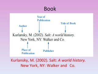 Book  Kurlansky, M. (2002). Salt:  A world history.  New York, NY: Walker and  Co. 