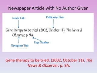 Newspaper Article with No Author Given  Gene therapy to be tried. (2002, October 11).  The News & Observer,  p. 9A. 