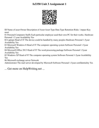 Is3350 Unit 3 Assignment 1
ID Name of asset Owner Description of Asset Asset Type Data Type Retention Risks / impact Key
asset
01 Personal Computers Staffs Each particular employee used their own PC for their works. Hardware
Personal 1.5 year Availability Yes
02 Laptops Head of IT The device could be handled by many peoples Hardware Personal 1.5year
Availability Yes
03 Microsoft Windows 8 Head of IT The computer operating system Software Personal 1.5year
Availability Yes
04 Microsoft Office 2013 Head of IT The word processing package Software Personal 1.5year
Availability Yes
05 Windows XP Head of IT The computer operating system Software Personal 1.5year Availability
Yes
06 Microsoft exchange server Network
Administrator The mail server developed by Microsoft Software Personal 1.5year confidentiality Yes
... Get more on HelpWriting.net ...
 