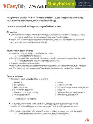 APA WebRules
APAprovidescitationformatsfor manydifferentsource typesfoundonthe web,
such asonline newspapers,encyclopediasand blogs.
Here are sometipsfor citingsources youfindonthe web:
Allsources
• Onlyincluderetrievaldateinformationifthesource’sinformationislikelytochange(i.e.,wikis).
o Formatitasfollows:RetrievedMonthDate,Year,fromhttp://xxxxx
• IfaURLrunsacrossmultiplelinesoftextinthecitation,breaktheURLoffbefore punctuation
(e.g.,periods,forwardslashes)–except http://.
Journal/newspaper articles
• IncludetheDOI(digitalobjectidentifier)inthecitation.
o Formatitasfollows:doi:xxxxx
• IfnoDOIisprovided,includetheURLofthehomepage forthejournalthatpublishedthearticle.
o Formatitasfollows:Retrievedfromhttp://www.xxxxx
• Donotincludedatabaseinformation.
*Note:PurdueOWLincludesdatabaseinformation,buttheAPAPublicationManual(6th ed.)does
not.Checkwithyourinstructortoseeiftheyrequiredatabaseand/orretrievalinformation.
General websites
• Ifthesourceisnot easily identified asanonline:
…citeitasageneralwebsite.
• Forexample,websiteslikeTechCrunchandGizmodoregularlypublisharticles,butare
consideredneitherablog,noranonlinenewspaper.Thesewouldbegeneralwebsites.
• Onlyincluderetrievaldateinformationifthesourceislikelytochangeovertime(i.e.,wikis).
o Formatitasfollows:RetrievedMonthDate,Year,fromhttp://xxxxx
o Periodical
o Book/chapter
o Referencework
o Governmentdocument
o Conferencepaper/proceeding
o Thesis/dissertation
o Review
o Audiovisualmedia
o Internetmessageboard/mailinglistpost
o Blogpost
o Software,dataset,trainingvideo or
o Informallypublishedwork
9
 