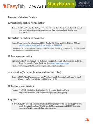 APA WebRules
Examples ofcitationsfor a/an:
General website articlewith an author
Limer, E. (2013, October 1). Heck yes! The first free wireless plan is finally here. Retrieved
from http://gizmodo.com/heck-yes-the-first-free-wireless-plan-is-finally-here-
1429566597
General website articlewith no author
India: Country specific information. (2013, October 3). Retrieved 2013, October 23 from
http://travel.state.gov/travel/cis_pa_tw/cis/cis_1139.html
Journal article (foundina databaseor elsewhere online)
Trier, J. (2007). “Cool” engagements with YouTube: Part 2. Journal of Adolescent & Adult
Literacy, 50(7), 598-603. doi:10.1598/JAAL.50.7.8
Online encyclopediaarticle
Musser, G. (2013). Hedgehog. In Encylopædia Brittanica. Retrieved from
http://www.britannica.com/EBchecked/topic/259273/hedgehog
Blogpost
Silver, N. (2013, July 15). Senate control in 2014 increasingly looks like a tossup [Web log
post]. Retrieved from http://fivethirtyeight.blogs.nytimes.com/2013/07/15/senate-
control-in-2014-increasingly-looks-like-a-tossup/
10
Online newspaper article
Kaplan, K. (2013, October 22). Flu shots may reduce risk of heart attacks, strokes and even
death. Los Angeles Times. Retrieved from http://www.latimes.com
*IncludethehomepageURLoftheonlinenewspaperattheendofyourcitation.
*IncludetheretrievaldateandURLiftheinformationonthesite may change(this website includesinformation
aboutlaws,whichcanchangeovertime).
 